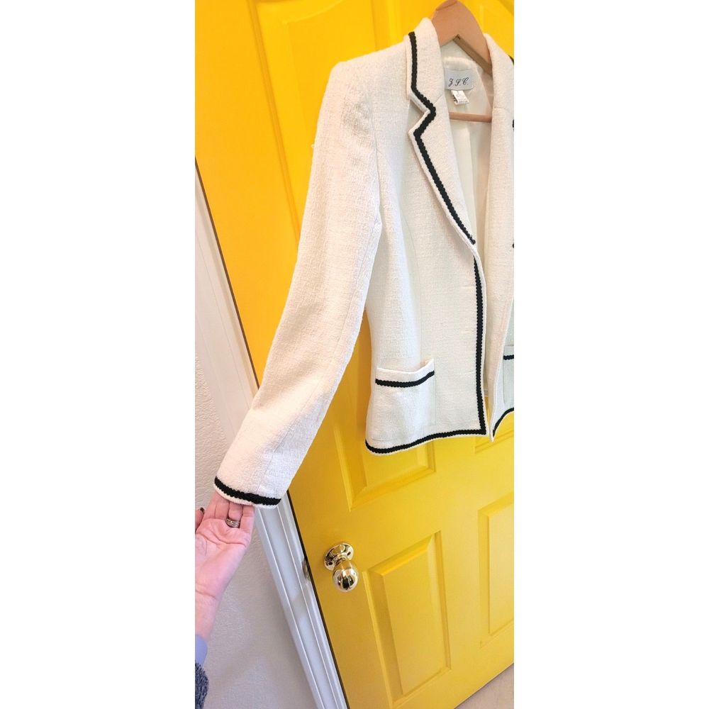 Cream Skirt Suit with Black Contrast Trim - Feminine Ruffle Hem - Picture 4 of 15